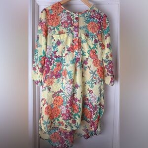 Fig & Flower Sheer Floral Blouse Medium Yellow Multicolor Boho Lightweight